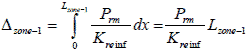 Delta subscript zone 1 equals the integral from 0 to L subscript zone 1 for the quantity P subscript rm divided by K subscript reinf times dx equals P subscript rm divided by K subscript reinf times L subscript zone 1.