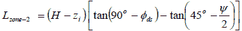 L subscript zone 2 equals open parenthesis H minus z subscript i closed parenthesis times open bracket tan times open parenthesis 90 degrees minus phi subscript ds closed parenthesis minus tan times open parenthesis 45 degrees minus psi divided by 2 closed parenthesis closed bracket.