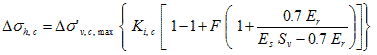 Delta times sigma subscript h,c equals delta times sigma prime subscript v,c,max times open bracket K subscript i,c times open bracket 1 minus 1 plus F times open parenthesis 1 plus 0.7 times E subscript r divided by the quantity E subscript s times S subscript v minus 0.7 times E subscript r closed parenthesis closed bracket closed bracket.