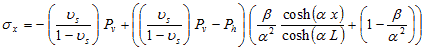 Sigma subscript x equals the negative value of open parenthesis nu subscript s divided by 1 minus nu subscript s closed parenthesis times P subscript v plus open parenthesis open parenthesis nu subscript s divided by 1 minus nu subscript s closed parenthesis times P subscript v minus P subscript h closed parenthesis times open parenthesis beta divided by alpha squared times hyperbolic cosine times open parenthesis alpha times x closed parenthesis divided by hyperbolic cosine times open parenthesis alpha times L closed parenthesis plus open parenthesis 1 minus beta divided by alpha squared closed parenthesis closed parenthesis.