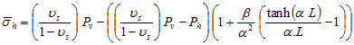 Average sigma subscript h equals open parenthesis nu subscript s divided by 1 minus nu subscript s closed parenthesis times P subscript v minus open parenthesis open parenthesis nu subscript s divided by 1 minus nu subscript s closed parenthesis times P subscript v minus P subscript h closed parenthesis times open parenthesis 1 plus beta divided by alpha squared times open parenthesis hyperbolic tangent of open parenthesis alpha times L closed parenthesis divided by alpha times L minus one closed parenthesis closed parenthesis.