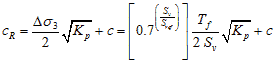 c subscript R equals delta times sigma subscript 3 divided by 2 times the square root of K subscript p end square root plus c equals open bracket 0.7 raised to the power of open parenthesis S subscript v divided by S subscript ref closed parenthesis closed bracket times T subscript f divided by 2 times S subscript v times the square root of K subscript p end square root plus c.