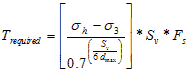 T subscript required equals open bracket sigma subscript h minus sigma subscript 3 divided by 0.7 raised to the power of open parenthesis S subscript v divided by 6 times d subscript max closed parenthesis closed bracket times S subscript v times F subscript s.