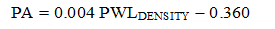 Figure 103. Equation. Individual density pay equation for surface, base, and pavements. PA equals 0.004 times PWL subscript DENSITY minus 0.360.