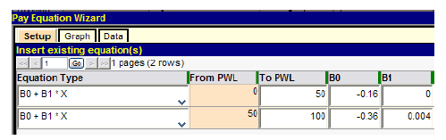 Figure 108. Screenshot. Input of compound linear pay equation for density. This screenshot depicts the SPECRISK pay equation wizard, and it shows the equation type to be evaluated in the analysis of specification 2.