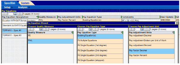 Figure 11. Screenshot. First window of pay equation wizard. This screenshot shows the selections that must be made in the first window of the SPECRISK pay equation wizard. In the first of the three columns, “PWL” is selected as the Quality Measure. In the second column, “Existing Equation(s)” is selected as the Pay Equation Type, meaning that the user has determined the coefficients of the pay equation externally and will be entering them into the program. In the last column, “Pay Factor Decimal” is selected as the Pay Adjustment Unit. 
