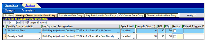Figure 112. Screenshot. Modified quality characteristic data entry screen. This screenshot depicts a SPECRISK quality characteristic data entry table showing the modification to the thickness quality characteristic for the analysis of the modified specification 2. .
