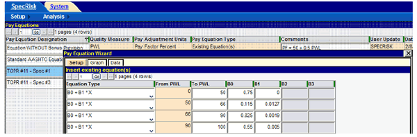 Figure 12. Screenshot. Second window of pay equation wizard. This screenshot shows the SPECRISK pay equation wizard with the setup tab activated and an option to insert existing equation(s). There are seven columns labeled as follows: “Equation Type,” “From PWL,” “To PWL,” “B0,” “B1,” “B2,” and “B3.” The table is populated with the equations used in the analysis of specification 1. 