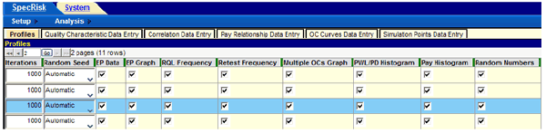 Figure 16. Screenshot. Other possible selections on profile screen. This screenshot depicts the SPECRISK profiles tab with several options used in the analysis specification 1. All 
boxes are checked. The boxes shown are labeled “EP Data,” “EP Graph,” “RQL Frequency,” “Retest Frequency,” “Multiple OCs Graph,” “PWL/PD Histogram,” “Pay Histogram,” and “Random Numbers.” 
 