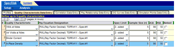 Figure 17. Screenshot. Specification 1 quality characteristic data entry. This screenshot depicts the quality characteristic data entry column analysis for specification 1. Identified are the necessary data to be entered for the four rows labeled “VMA at Ndes,” “Air voids at Ndes,” “Binder Content,” and “In-Place Density.” 