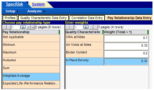 Figure 18. Screenshot. Entry of weighting factors. This screenshot depicts the SPECRISK pay relationship data entry. The left section shows the pay relationship, in which “Weighted Average” is selected for use in the specification 1 analysis. The right section shows the quality characteristic, in which “In-Place Density” is selected for use in the specification 1 analysis. 