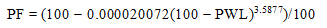 Figure 2. Equation. Individual pay when PWL is between 50 and 90. PF equals parenthesis 100 minus 0.000020072 times the difference of parenthesis 100 minus PWL close parenthesis raised to the power of 3.5877 close parenthesis all divided by 100.