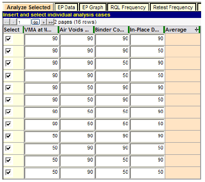 Figure 25. Screenshot. Partial display of entry of AQL/RQL combinations.