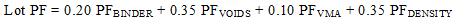 Figure 3. Equation. Composite pay for binder, voids, VMA, and density. Lot PF equals 0.20 times PF subscript binder plus 0.35 times PF subscript voids plus 0.10 times PF subscript VMA plus 0.35 times PF subscript density. 