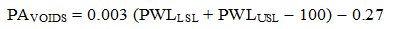 Figure 32. Equation. Individual pay equation for air voids. PA subscript VOIDS equals 0.003 times parenthesis PWL subscript LSL plus PWL subscript USL minus 100 close parenthesis, that sum minus 0.27.