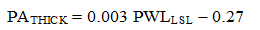 Figure 33. Equation. Individual pay equation for thickness. PA subscript THICK equals 0.003 times PWL subscript LSL minus 0.27. 