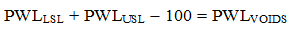 Figure 34. Equation. Modification of individual air voids equation. PWL subscript LSL plus PWL subscript USL minus 100 equals PWL subscript VOIDS.