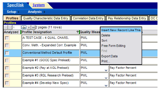 Figure 41. Screenshot. Entering a new simulation profile. This screenshot depicts the SPECRISK setup profile designation and a pop-up wizard for inserting a new record. This profile is for specification 2.