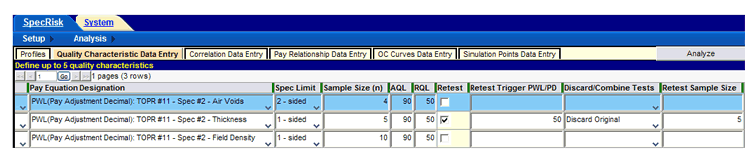 Figure 44. Screenshot. Additional input required for retest provision. This screenshot depicts the quality characteristic data entry information required to analyze specification 2 when a retest provision is desired. In this case, the retest is triggered at a percent within limits of 50 and “Discard Original” is selected. 