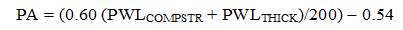 Figure 63. Equation. Lot pay equation for compressive strength and thickness. PA equals parenthesis 0.60 times the sum of parenthesis PWL subscript COMPSTR plus PWL subscript THICK close parenthesis divided by 200 close parenthesis all minus 0.54.  