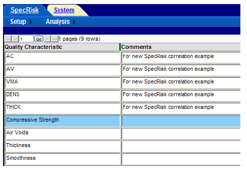 Figure 65. Screenshot. Quality characteristics for selection in SPECRISK. This screenshot depicts the SPECRISK quality characteristic screen showing that compressive strength and thickness, which are the quality characteristics for specification 3, are available to be entered.