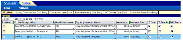 Figure 69. Screenshot. Part of SPECRISK profile screen for specification 3. This screenshot depicts a portion of the SPECRISK setup profile used in the analysis of specification 3. The pay adjustment units are pay adjustment decimal, and there are 1,000 iterations.