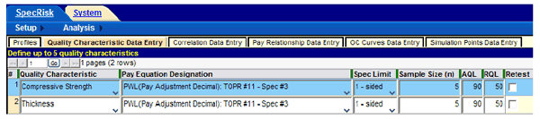 Figure 70. Screenshot. Specification 3 quality characteristic data entry. This screenshot depicts the basic SPECRISK quality characteristic data entry for the analysis of specification 3. Compressive strength and thickness are entered, with the details listed in the acceptance procedure synopsis. 