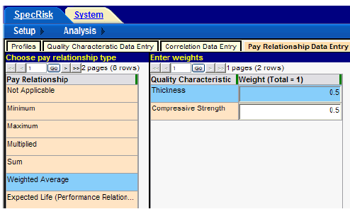Figure 71. Screenshot. Entry of pay weighting factors for specification 3. This screenshot depicts the SPECRISK pay relationship data entry form for the pay adjustment weighting factors for specification 3. Both thickness and compressive strength are set to 0.5.