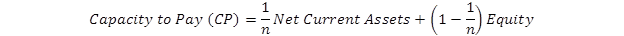 Capacity to pay equals 1 over n net current assets plus the product of 1 minus 1 over n times equity, where n equals the duration of the project expressed in years, with a minimum value of 1 year and a maximum value of 5 years.