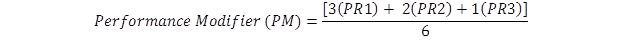 Used in tier two performance based contractor prequalification, and it determines a contractorâ€™s overall performance based on the past three years' performance ratings received from the State transportation department, with a heavier weighting on more recent performance ratings. Performance modifier equals the product of three times PR1, plus two times PR2, plus one times PR3, over six, where PR1 equals the average of all performance ratings for the most recent year (year one), PR2 equals the average of all performance ratings for the next most recent year (year two), and PR3 equals the average of all performance ratings for the oldest year (year three).