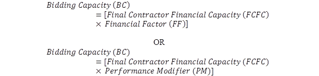 Used in tier two performance based contractor prequalification and it determines the total amount of work a contractor is able to conduct if the contractor has no other contract obligations (existing projects already contracted). The bidding capacity is based on the final contractor financial capacity and the performance modifier.