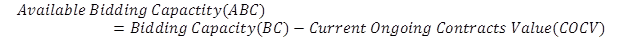 Available bidding capacity equals bidding capacity minus current ongoing contracts value.