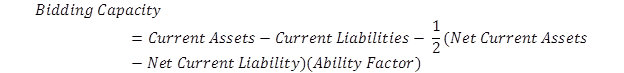 Bidding capacity equals current assets minus current liabilities minus half the remainder of net current assets minus net current liability, multiplied by the ability factor.