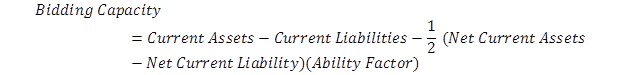 Bidding capacity equals current asset minus current liabilities minus one-half of net current assets, minus liability times ability factor.