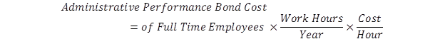 Administrative costs of performance bonds. Administrative performance bond cost equals the number of full time employees times the number of work hours per year times the number of cost hours per year.