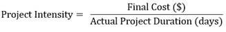 Project intensity equals the final cost in dollars divided by the actual project duration in days.