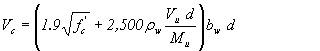 Equation 15.  The equation reads V subscript c equals open parentheses 1.9 times the square root of f prime subscript c plus 2,500 times rho subscript w times V subscript u times d divided by M subscript u close parentheses, times b subscript w times d.