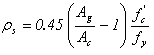 Equation 27. The equation reads rho subscript s equals .45 times open parentheses A subscript g divided by A subscript c minus 1 close parentheses times f prime subscript c divided by f subscript y.