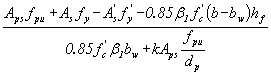 Equation 51.  The equation reads c equals A subscript ps times f subscript pu plus A subscript s times f subscript y minus A prime, subscript s times f prime, subscript y minus .85 times beta subscript 1 times f prime, subscript c times open parentheses b minus b subscript w close parentheses, times h subscript f all divided by .85 times f prime subscript c times beta subscript 1 times b subscript w plus kappa times A subscript ps times f subscript pu divided by d subscript p.