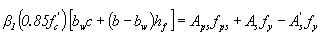 Equation 53.  The equation reads beta subscript 1 times open parentheses .85 times f prime, subscript c close parentheses, times open bracket b subscript w times c plus open parentheses b minus b subscript w close parentheses, times h subscript f close bracket, is equal to A subscript ps times f subscript ps plus A subscript s times f subscript y minus A prime, subscript s times f subscript y.