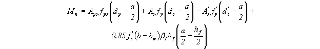 Equation 54.  The equation reads M subscript n is equal to A subscript ps time f subscript ps times open parentheses d subscript p minus a divided by 2 close parentheses, plus A subscript s times f subscript y open parentheses d subscript s minus a divided by 2 close parentheses, minus A prime subscript s times f prime subscript y times open parentheses d prime subscript s minus a divided by 2 close parentheses, plus .85 times f prime subscript c times open parentheses b minus b subscript w close parentheses, beta subscript 1 times h subscript f times open parentheses a divided 2 all minus h subscript f divided by 2 close parentheses.
