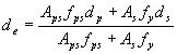 Equation 56.  The equation reads d subscript e equals A subscript ps times f subscript ps times d subscript p plus A subscript s  times f subscript y times d subscript s that sum divided by A subscript ps times f subscript ps plus A subscript s times f subscript y.