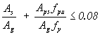 Equation 57.  The equation reads A subscript s divided by A subscript g that sum plus A subscript ps times f subscript pu that sum divided by A subscript g times f subscript y less than or equal to .08.