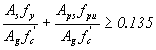 Equation 59.  The equation reads A subscript s times f subscript y all divided by A subscript g times f prime, subscript c plus A subscript ps times f subscript pu all divided by A subscript g times f prime, subscript c greater than or equal to .135.