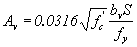 Equation 67. The equation reads A subscript v equals .0316 times the square root of f prime subscript c times b subscript v times s that sum divided by f subscript y.