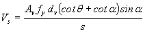 Equation 71.  The equation reads V subscript s is equal to A subscript v times f subscript y times d subscript v times open parentheses cotangent theta plus cotangent alpha close parentheses, times the sine of alpha that sum all divided by s.