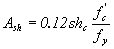 Equation 86.  The equation reads A subscript sh equals .12 times sh subscript c all times f prime, subscript c divided by f subscript y.