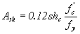 Equation 86.  The equation reads A subscript sh equals .12 times sh subscript c all times f prime, subscript c divided by f subscript y.