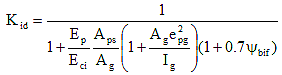 K subscript i d equals 1 divided by the sum of 1 plus E subscript p divided by E subscript c i times the quotient of A subscript p s divided by A subscript g times the sum of open parenthesis 1 plus the quotient of A subscript g times e subscript pg squared divided by I subscript g close parenthesis times the sum of open parenthesis 1 plus 0.7 times psi subscript b i f close parenthesis.