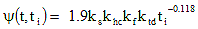 Psi open parenthesis t comma t subscript i close parenthesis equals 1.9 times k subscript s times k subscript h c times k subscript f times k subscript t d times t subscript i to the negative 0.118 power.